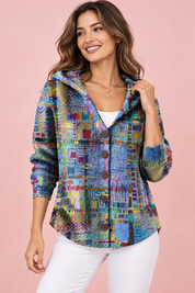 Gilet à capuche bleu à fleurs | Vue de face | Lounelle Paris