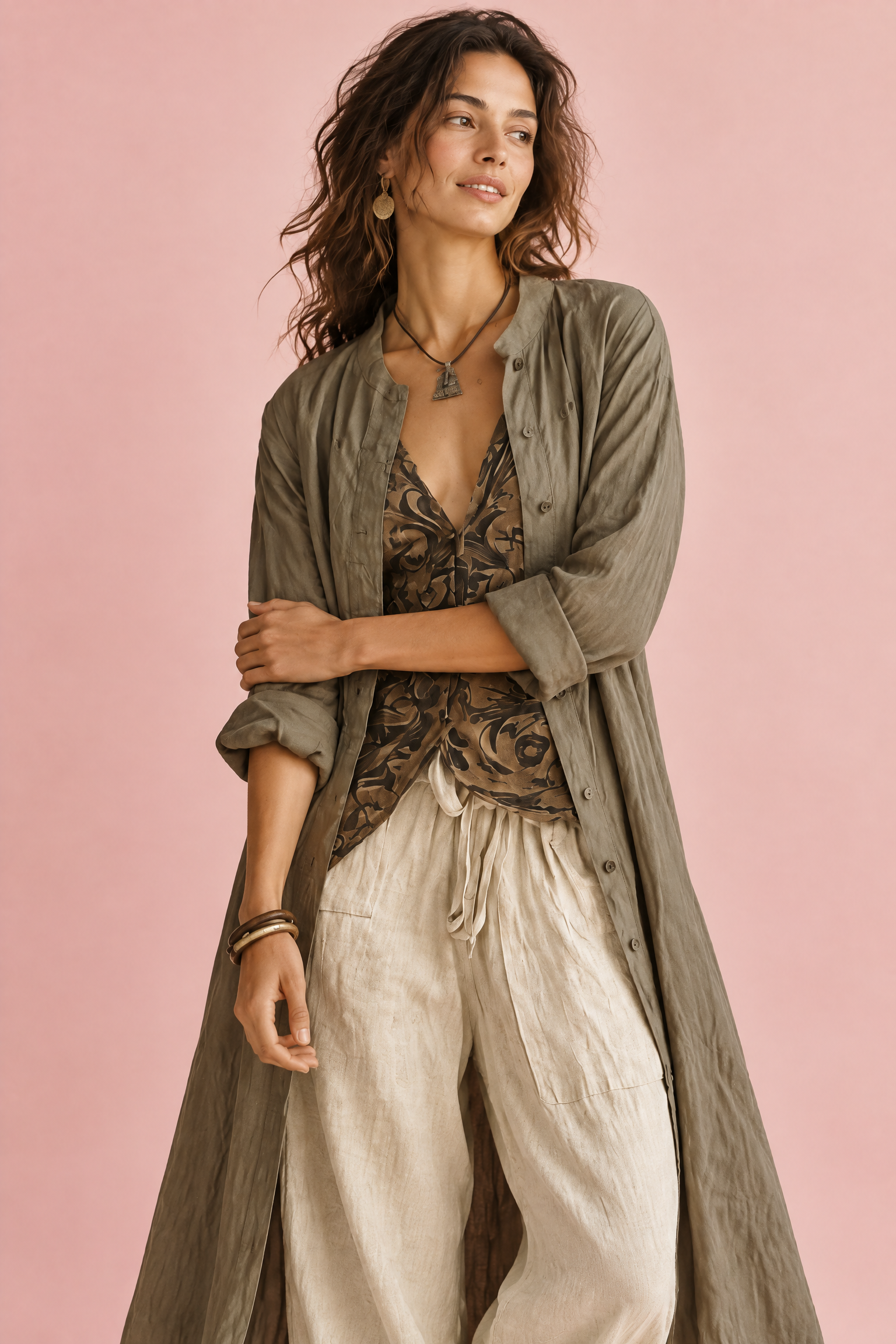 Ensemble olive rayé fluide | Vue rapprochée | Lounelle Paris