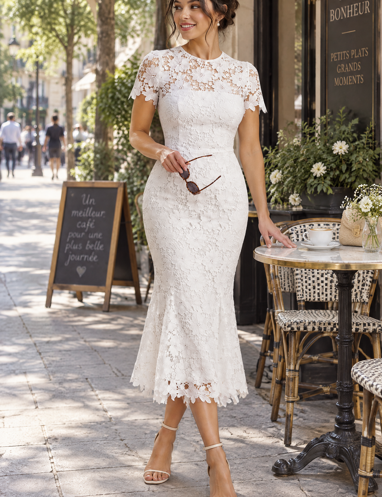 Robe midi blanche en dentelle à manches courtes | Photo lifestyle | Lounelle Paris