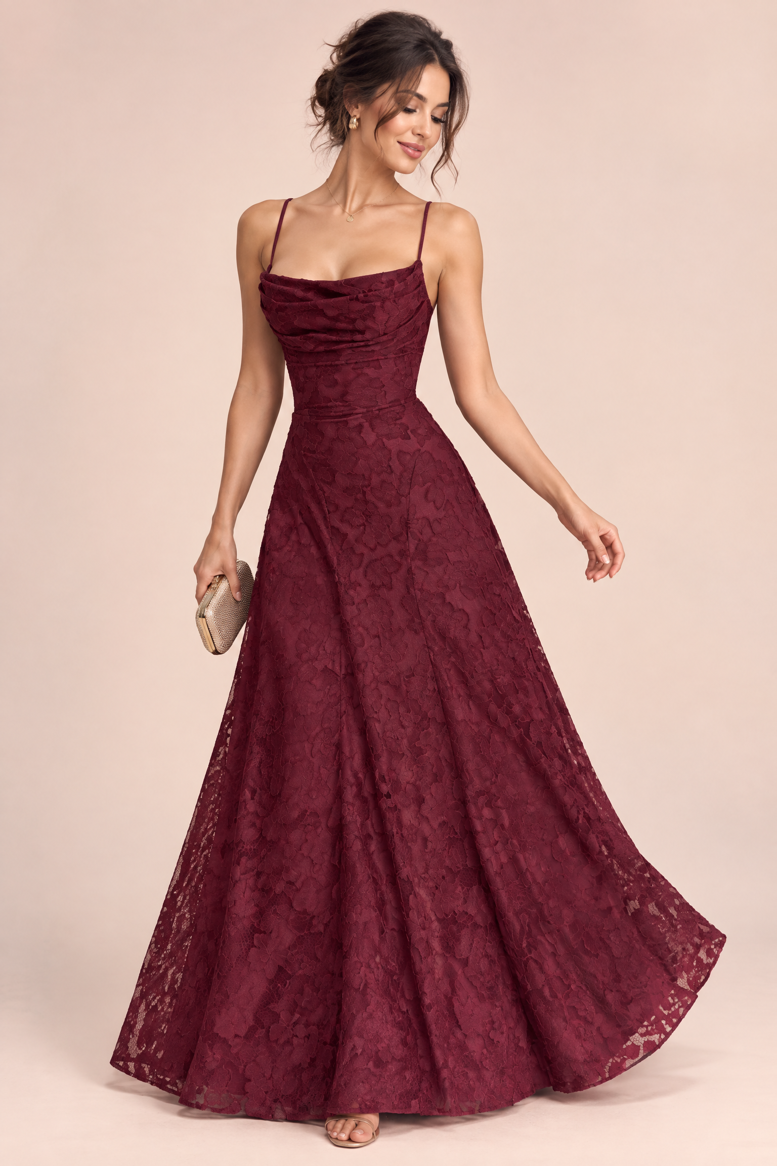 Robe longue fleurie bordeaux à col bénitier | Vue de face | Lounelle Paris