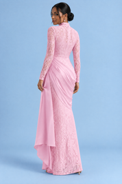 Robe longue moulante en dentelle rose à col montant et jupe drapée | Vue de dos | Lounelle Paris