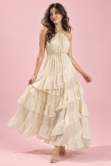 Beiges Maxikleid mit Neckholder, offenem Rücken und Volants