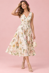 Grünes Midikleid mit Blumenbouquet-Print und eckigem Ausschnitt