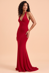 Rotes Maxikleid mit V-Ausschnitt und figurbetonter Passform