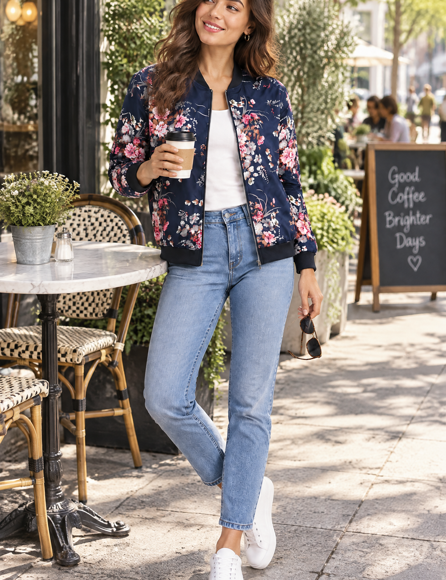 Veste bomber fleurie ajustée bleu marine | Photo lifestyle | Lounelle Paris