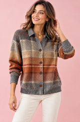 Karierter Cardigan mit Kragen in Grau