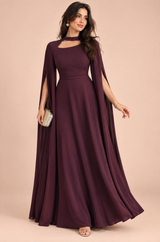Bordeauxrotes Maxikleid mit eckigem Ausschnitt und Cape-Ärmeln