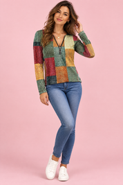 Haut vert zippé à imprimé patchwork | Vue de face | Lounelle Paris