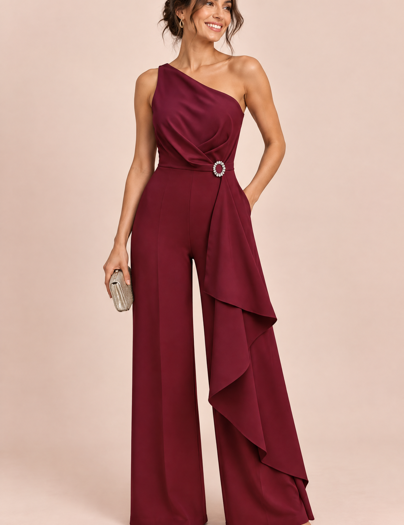 Combinaison pantalon bordeaux à encolure carrée festonnée | Vue de face | Lounelle Paris
