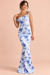 Blaues asymmetrisches Maxikleid mit Twist-Detail