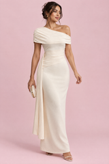 Cremefarbenes asymmetrisches Midikleid mit Drapierung