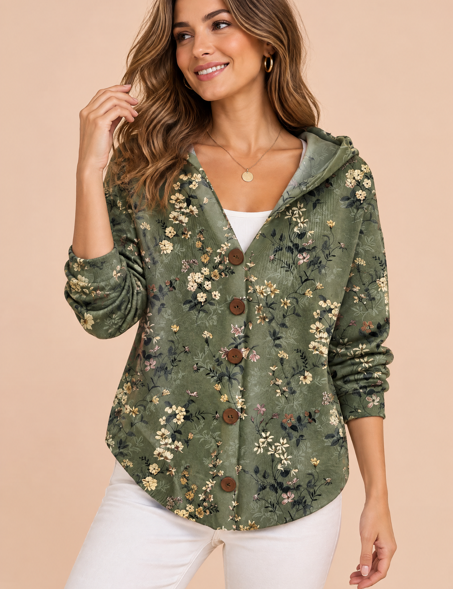 Gilet vert olive à capuche boutonné | Vue de face | Lounelle Paris