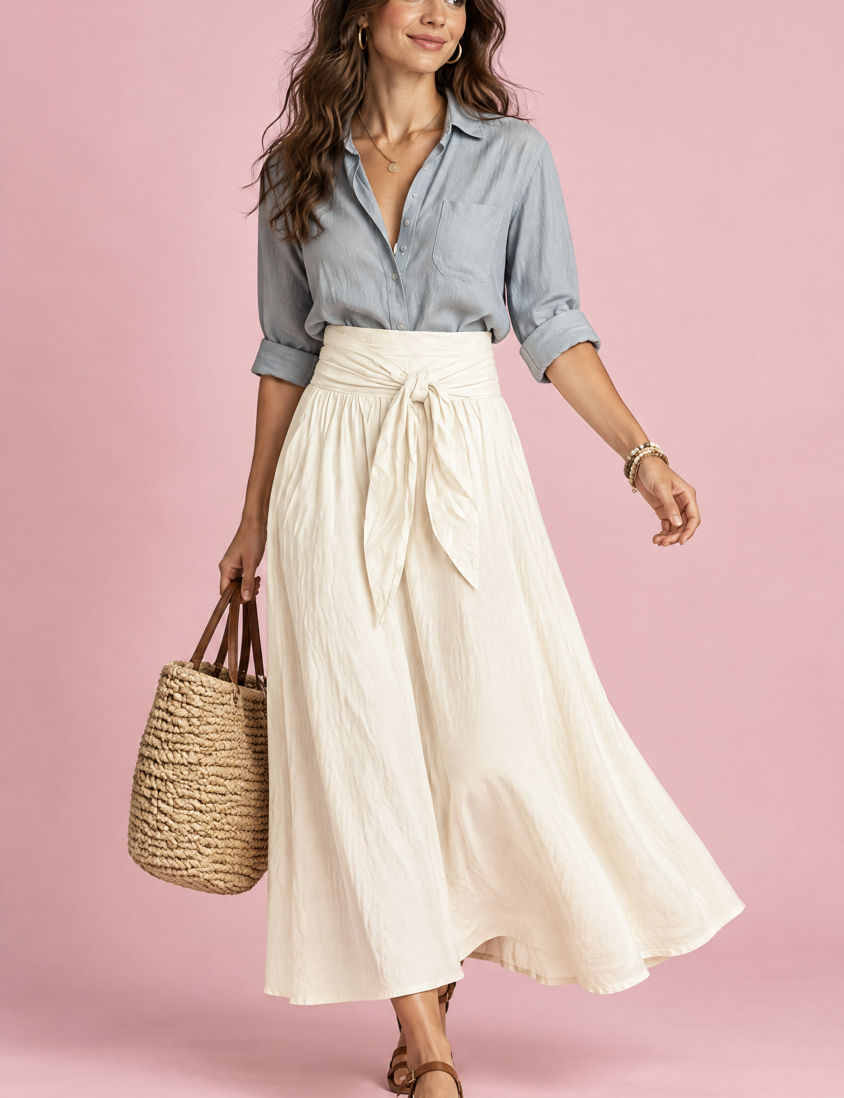 Ensemble chemise et jupe longue blanc cassé à taille nouée | Vue de face | Lounelle Paris