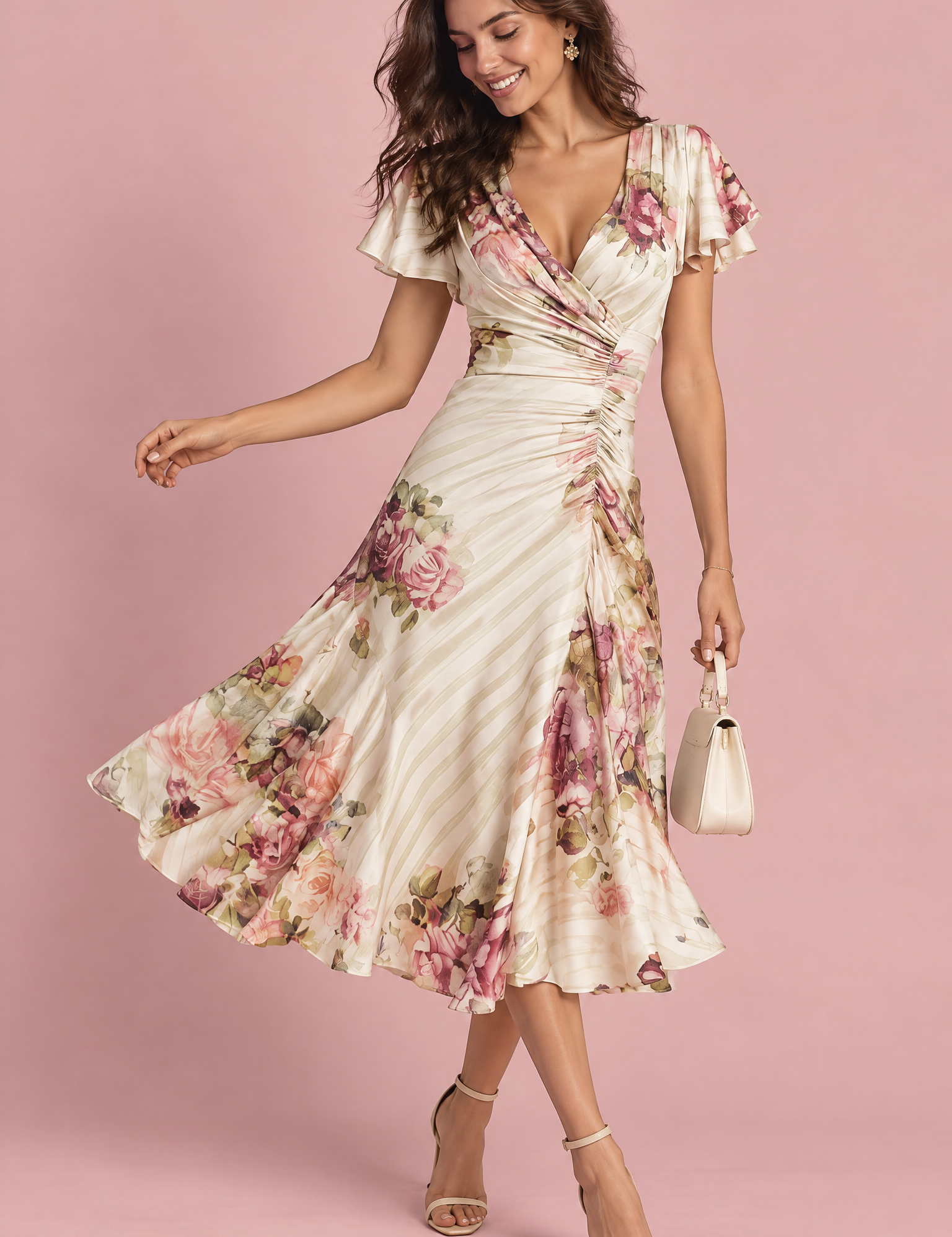 Robe midi ivoire fleurie froncée à col V | Vue de face | Lounelle Paris