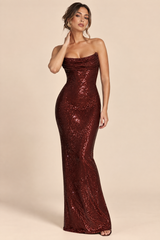 Paillettenkleid mit Wasserfallausschnitt in Bordeauxrot