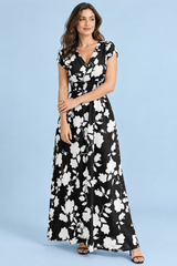 Schwarzes Maxikleid mit Blumenmuster und Smokbund