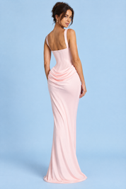 Robe longue rose froncée à encolure carrée | Vue de dos | Lounelle Paris