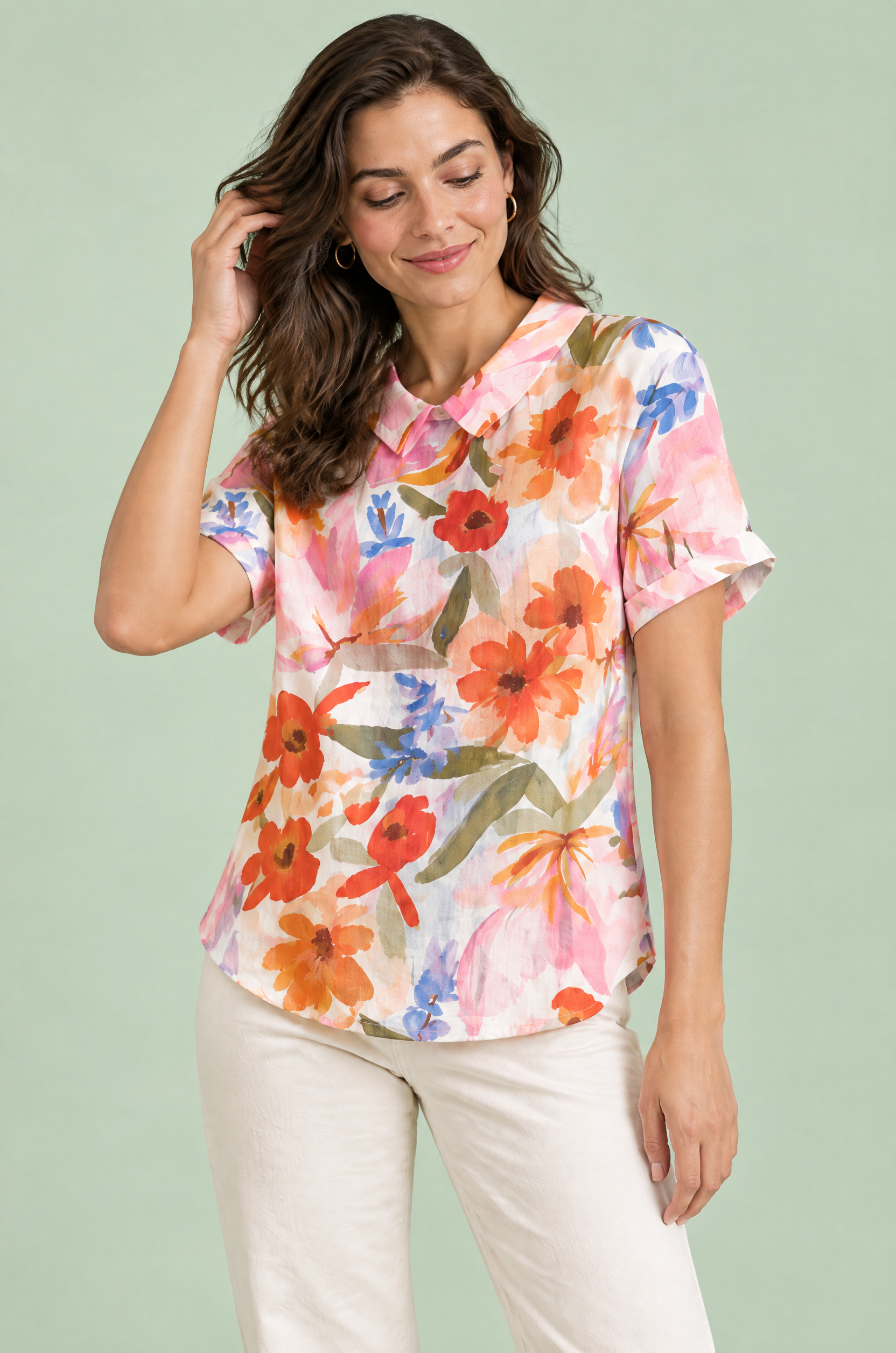 T-shirt rose à imprimé floral et col | Vue rapprochée | Lounelle Paris