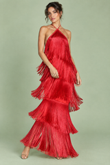 Rotes Neckholder-Maxikleid mit Fransenlagen