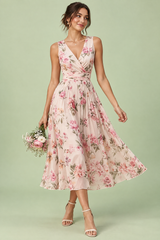 Rosa Midikleid mit Blumenbouquet-Print und eckigem Ausschnitt