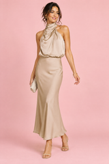A-Linien-Midikleid in Beige mit Schal-Ausschnitt
