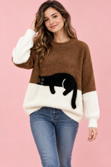 Oversize-Pullover mit Katzenmotiv in Braun
