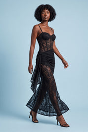 Robe longue en mesh à imprimé léopard, décolleté en V et fente haute devant — Noir | Vue en mouvement | Lounelle Paris