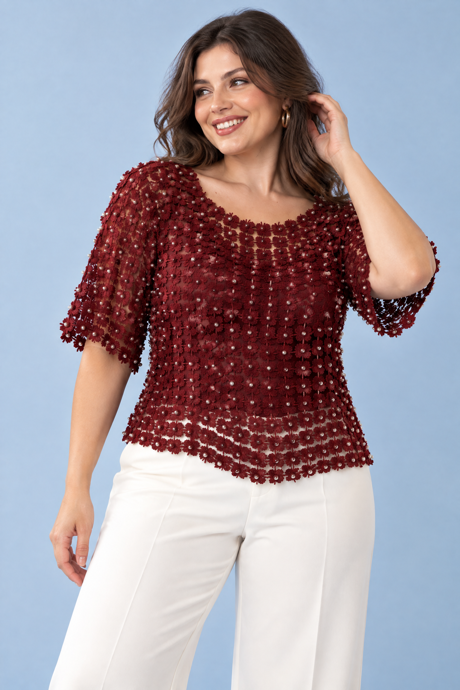 Top bordeaux brodé et perlé | Porté sur une autre silhouette | Lounelle Paris