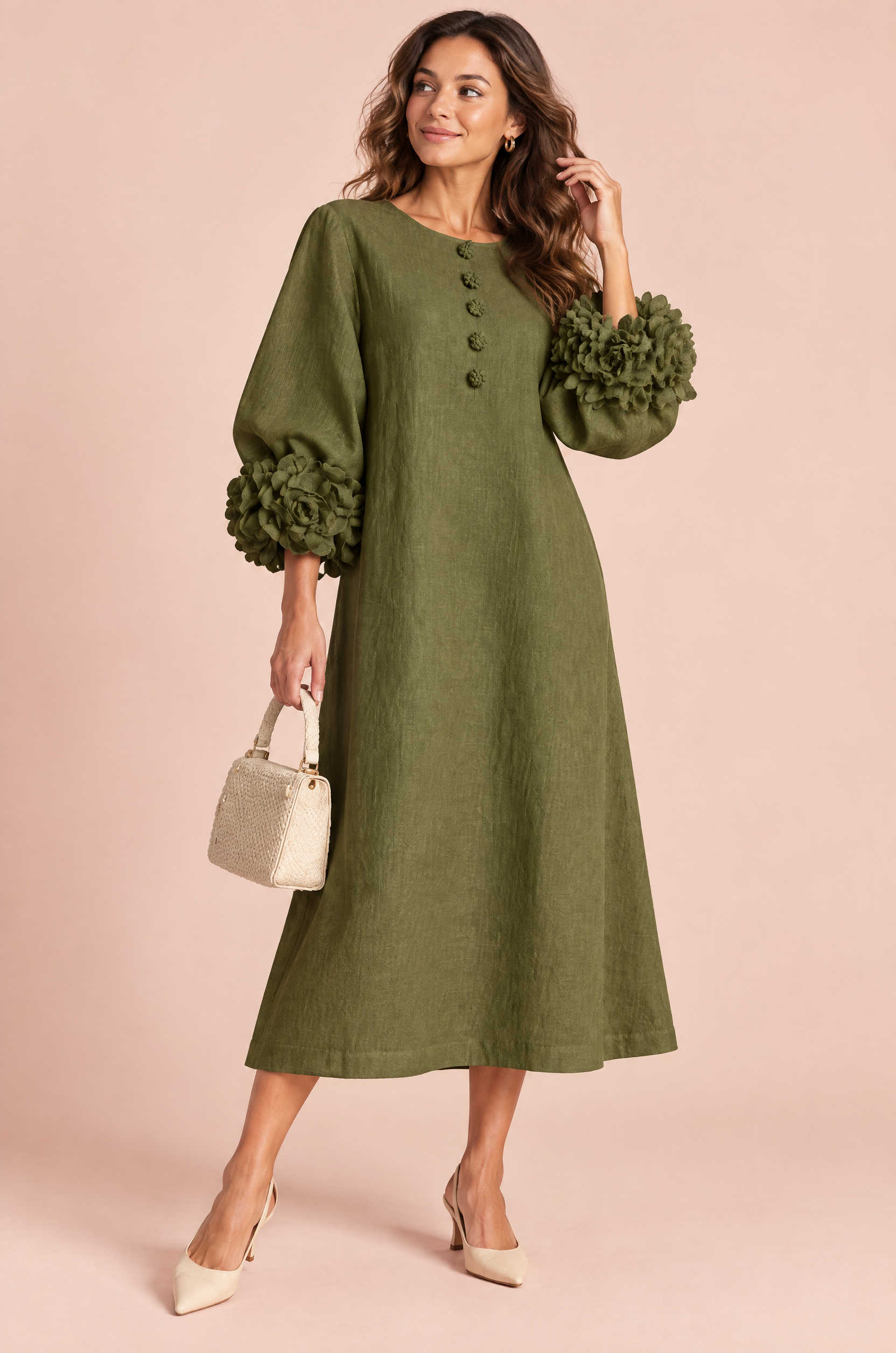 Robe midi vert olive coupe trapèze à manches bouffantes | Vue de face | Lounelle Paris
