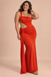 Robe longue orange rouge asymétrique à jupe portefeuille | Porté sur une silhouette plus ronde | Lounelle Paris