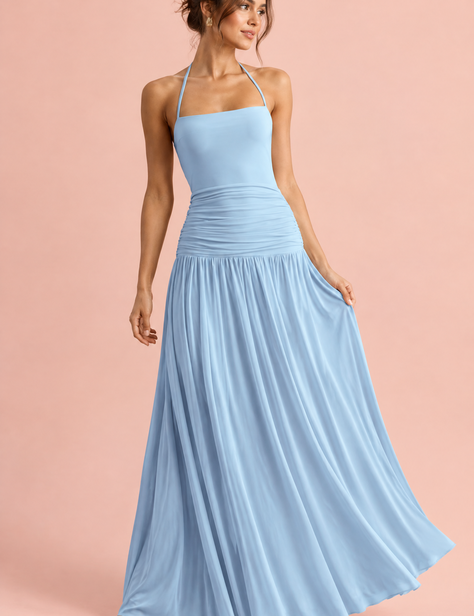 Robe longue bleu clair à encolure carrée et fronces | Vue de face | Lounelle Paris