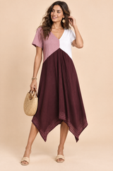 Asymmetrisches bordeauxrotes Midikleid mit V-Ausschnitt