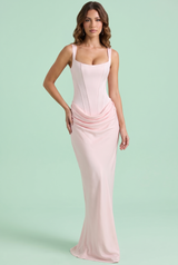 Pinkes Maxikleid mit Raffungen und eckigem Ausschnitt