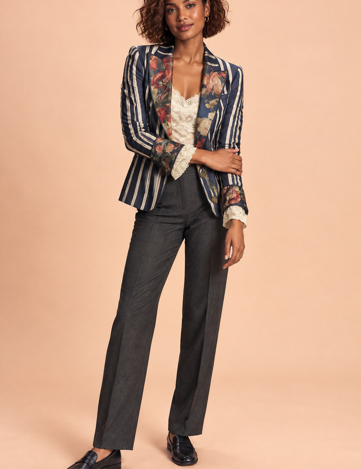 Blazer ajusté bleu à fleurs et rayures | Vue de face | Lounelle Paris