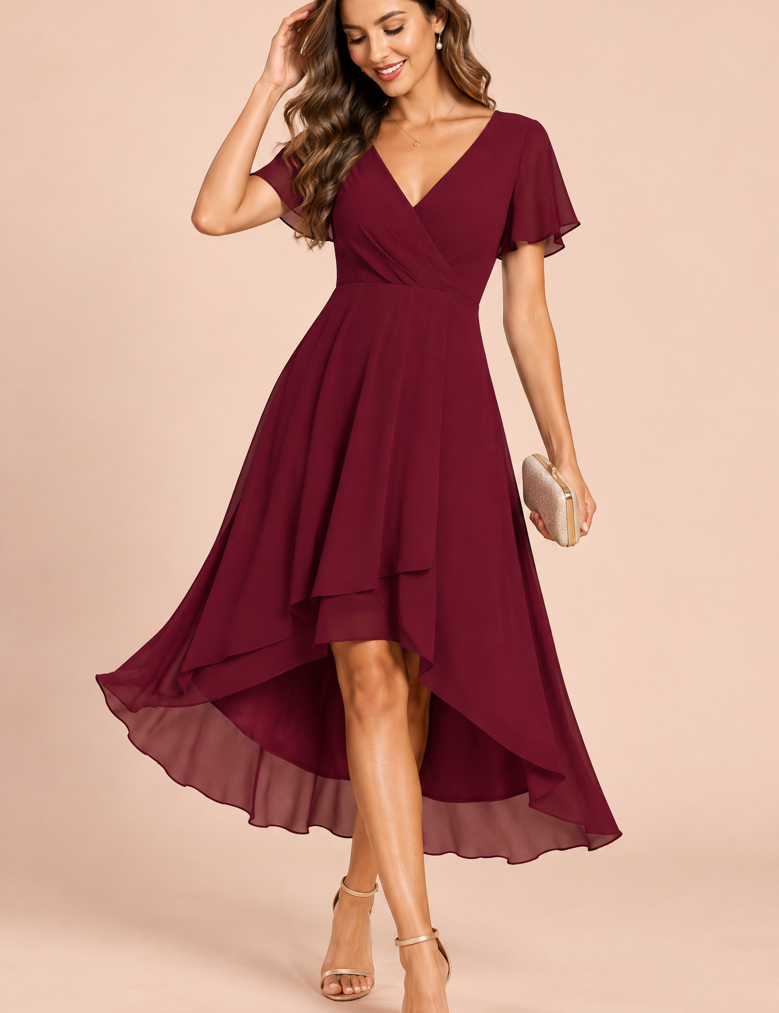Robe bordeaux à manches volantées et ourlet asymétrique | Vue de face | Lounelle Paris