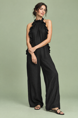 Schwarzes Maxikleid mit Rüschen und Neckholder