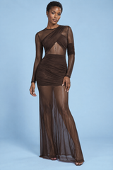 Braunes figurbetontes Maxikleid mit Raffungen