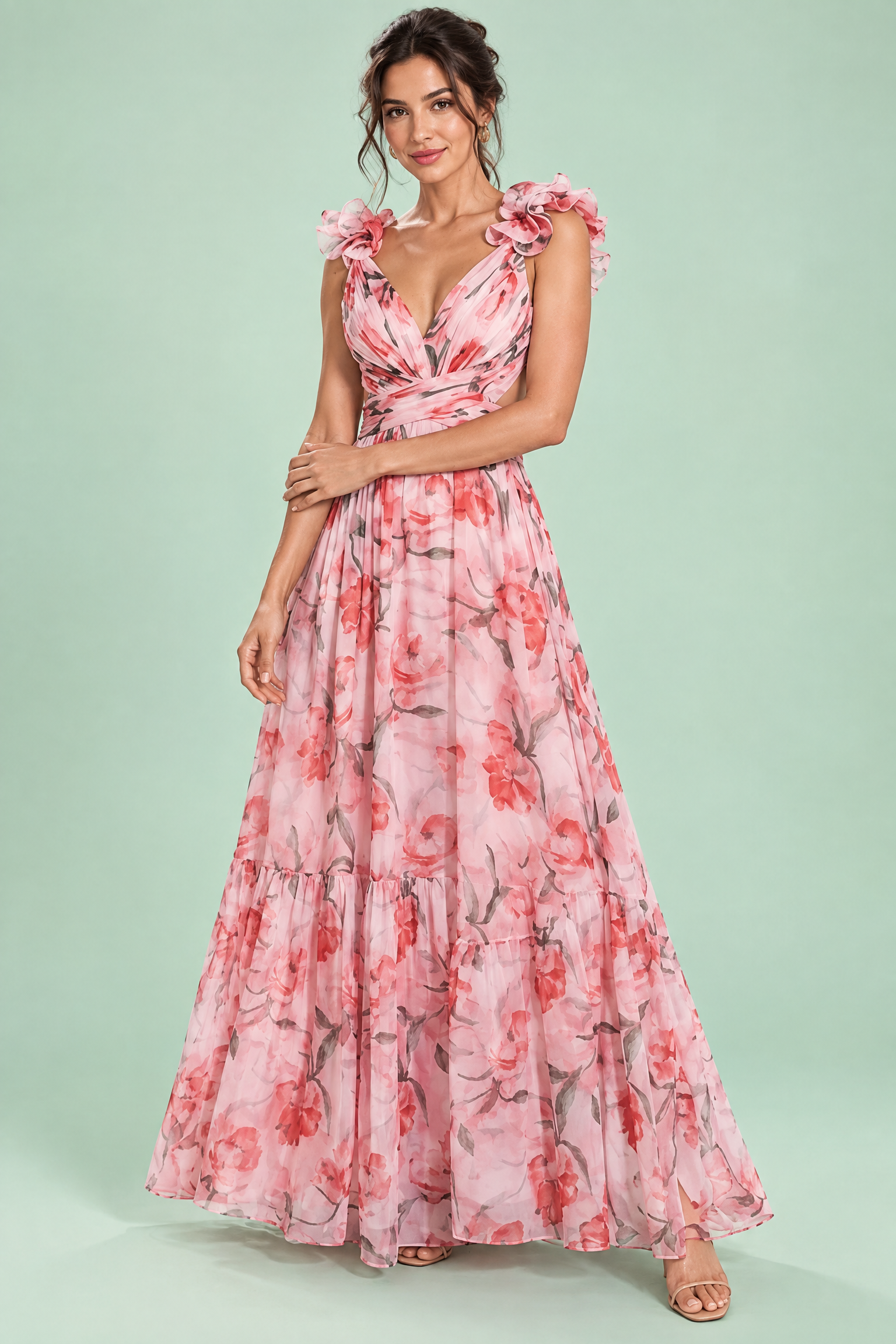 Robe longue rose fleurie à volants | Vue de face | Lounelle Paris