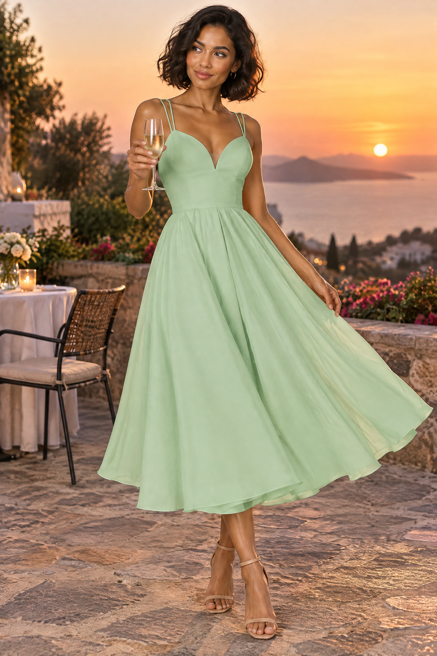 Robe midi verte à fines bretelles et jupe ample | Deuxième photo lifestyle | Lounelle Paris
