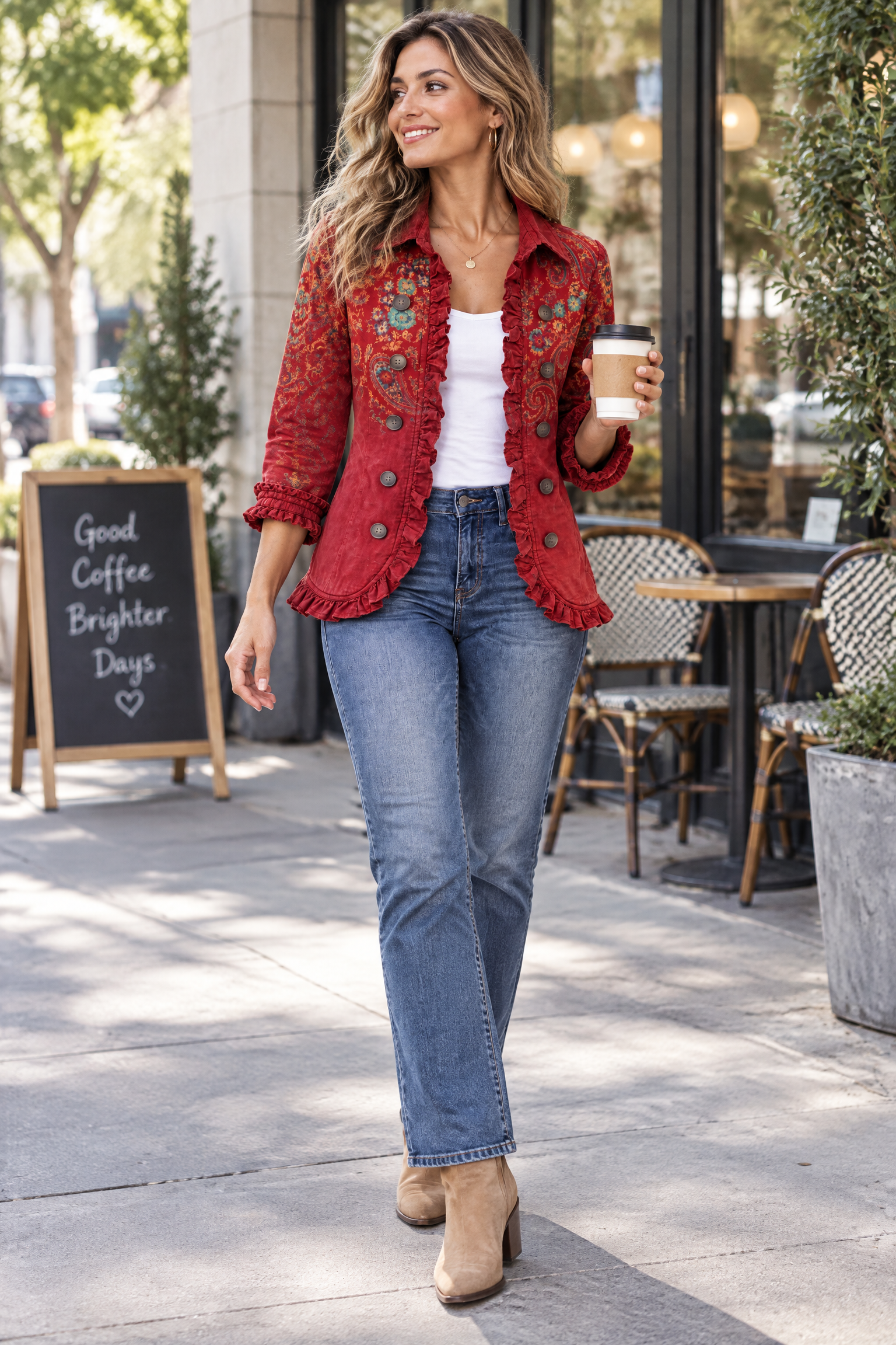 Veste ajustée rouge à imprimé léopard | Photo lifestyle | Lounelle Paris