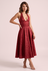 Bordeauxfarbenes Midikleid in A-Linie aus floraler Spitze mit V-Ausschnitt