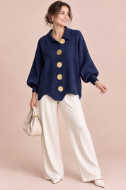 Cardigan oversize bleu marine à col | Vue de face | Lounelle Paris