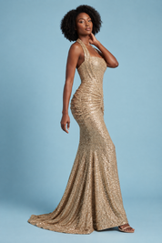 Robe dorée à sequins et encolure américaine | Vue de dos | Lounelle Paris