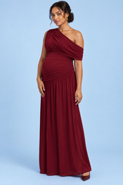 Robe longue de grossesse bordeaux à encolure asymétrique et taille basse | Vue de face | Lounelle Paris