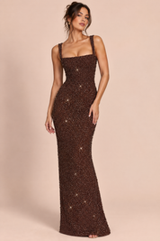 Robe longue à sequins marron | Vue de face | Lounelle Paris