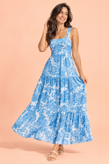 Blaues Midikleid mit Porzellanprint und eckigem Ausschnitt