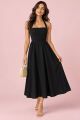 Schwarzes Neckholder-Midikleid in A-Linie