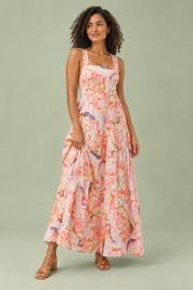Robe midi rose à imprimé porcelaine et encolure carrée | Vue de face | Lounelle Paris