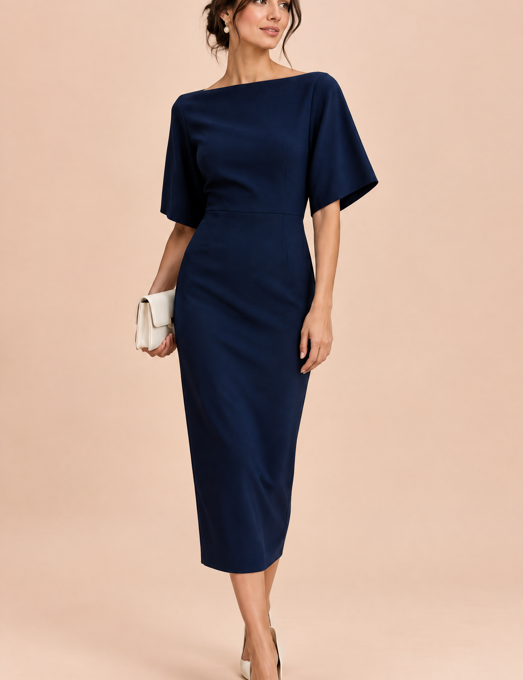 Robe midi bleu marine avec cape amovible | Vue de face | Lounelle Paris