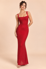 Rotes Maxi-Kleid mit asymmetrischem Ausschnitt, Hotfix-Strasssteinen und offenem Rücken